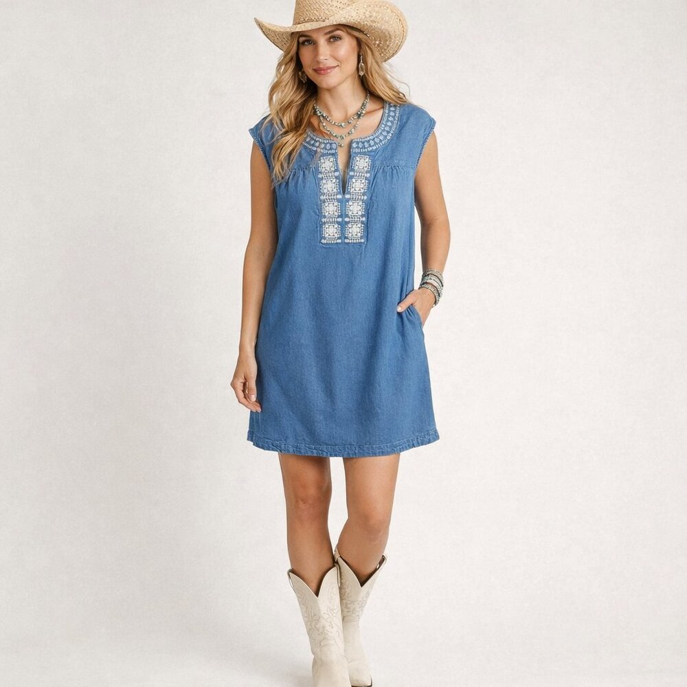 Knox Rose Denim Mini Dress Embroidered Sleeveless M Boho Beachy